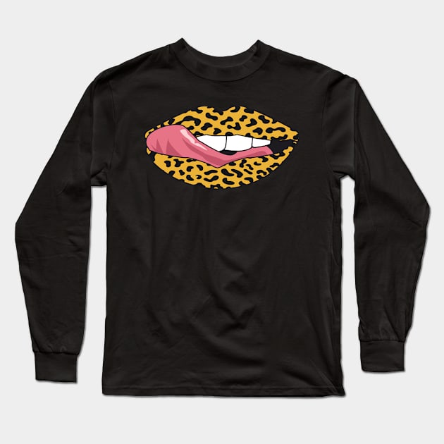 Vintage Lips Retro Style Tongue Leo Leopard Pattern Popart Gift Long Sleeve T-Shirt by HypeProjecT